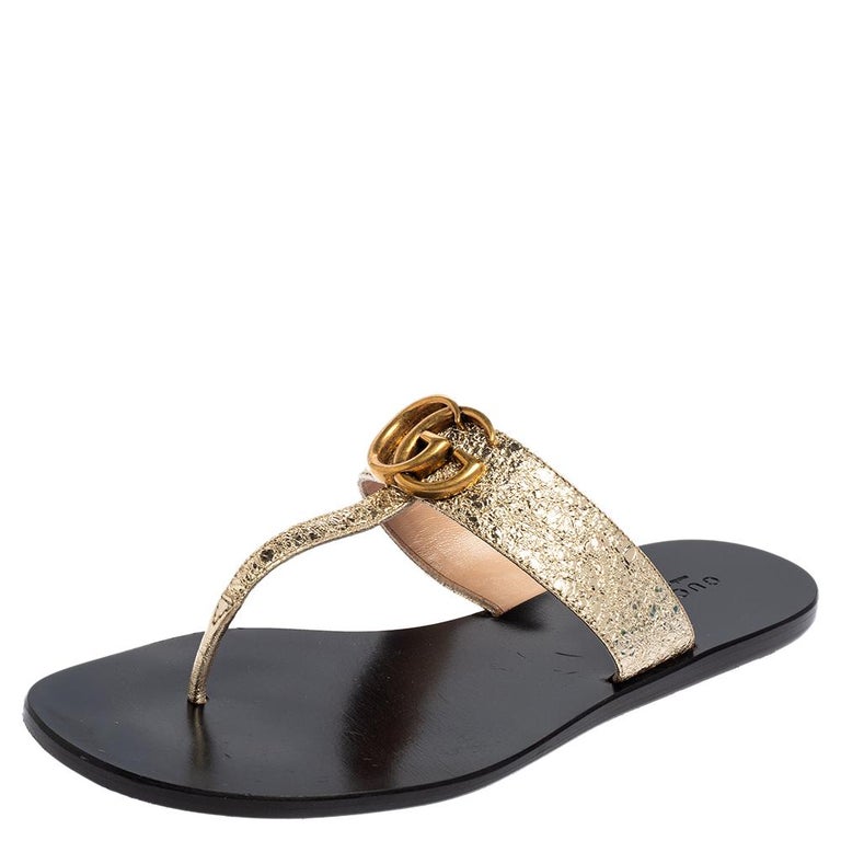 Gucci Metallic Gold Crinkled Leather GG Marmont Thong Sandals Size 37 at  1stDibs