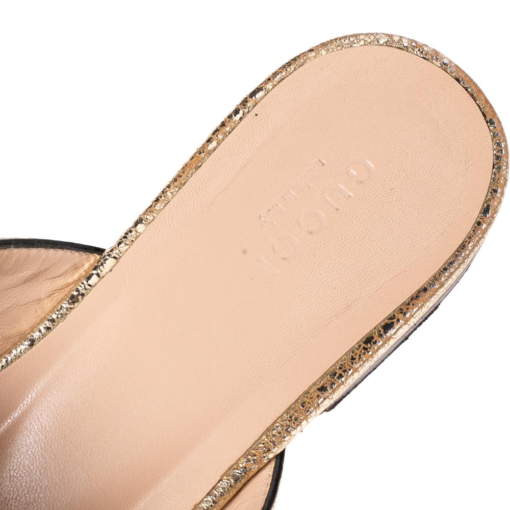 Women's Gucci Metallic Gold Crinkled Leather Marmont Kiltie GG Fringe Mules Size 37