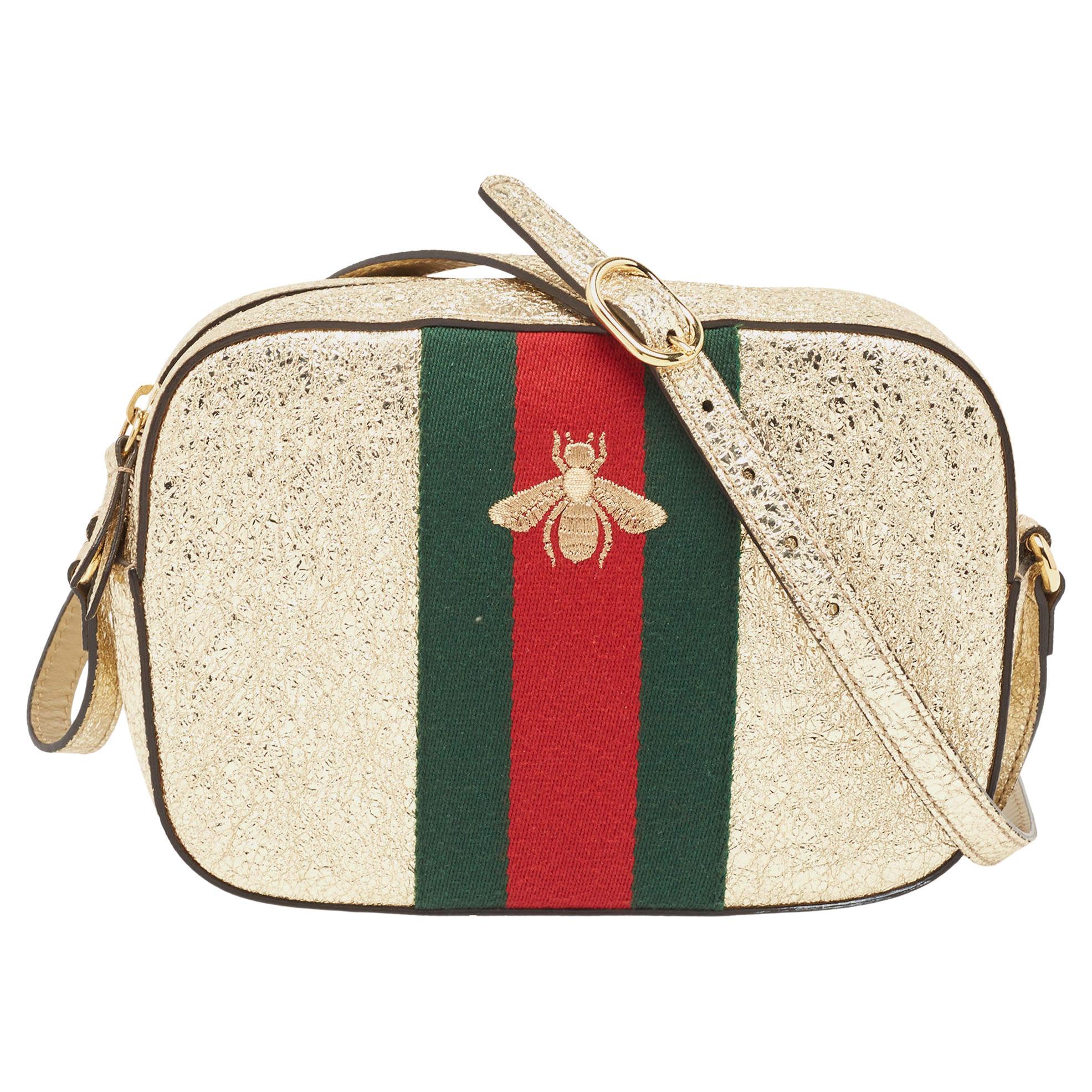 Gucci Metallic Gold Crinkled Leather Webby Bee Crossbody Bag