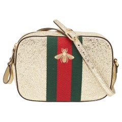 Gucci Metallic Gold Crinkled Leather Webby Bee Crossbody Bag
