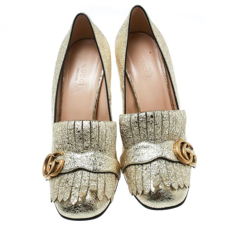 Gucci Metallic Gold Foil GG Marmont Fringe Detail Block Heel Pumps Size