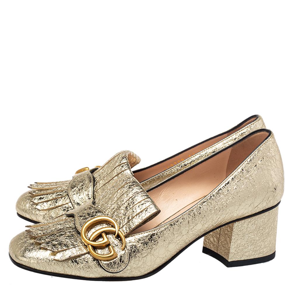 Gucci Metallic Gold Folie Leder GG Marmont Pumps mit Blockabsatz Größe 37 Damen