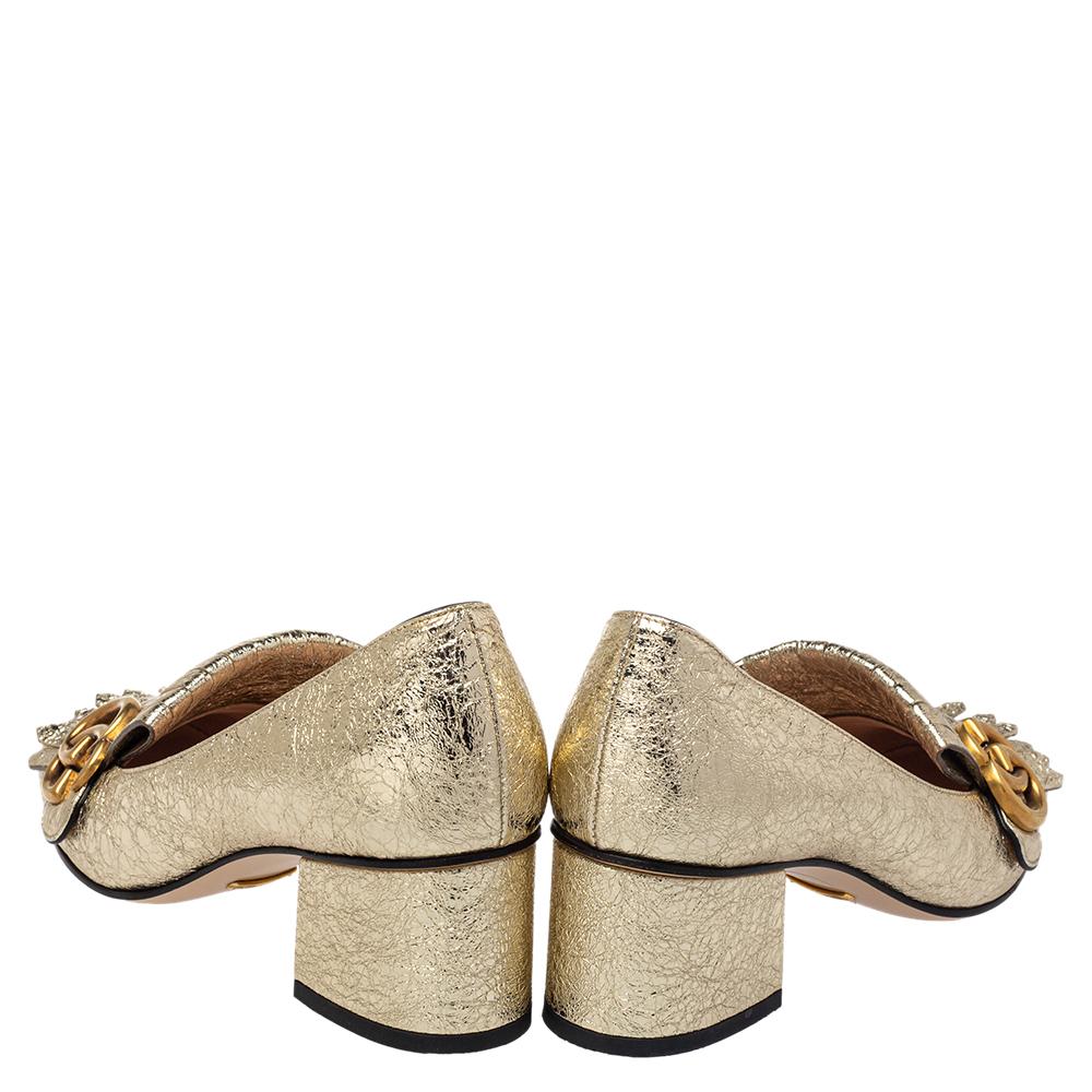 Gucci Metallic Gold Folie Leder GG Marmont Pumps mit Blockabsatz Größe 37 1
