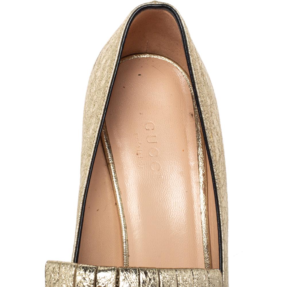 Women's Gucci Metallic Gold Foil Leather GG Marmont Block Heel Pumps Size 37