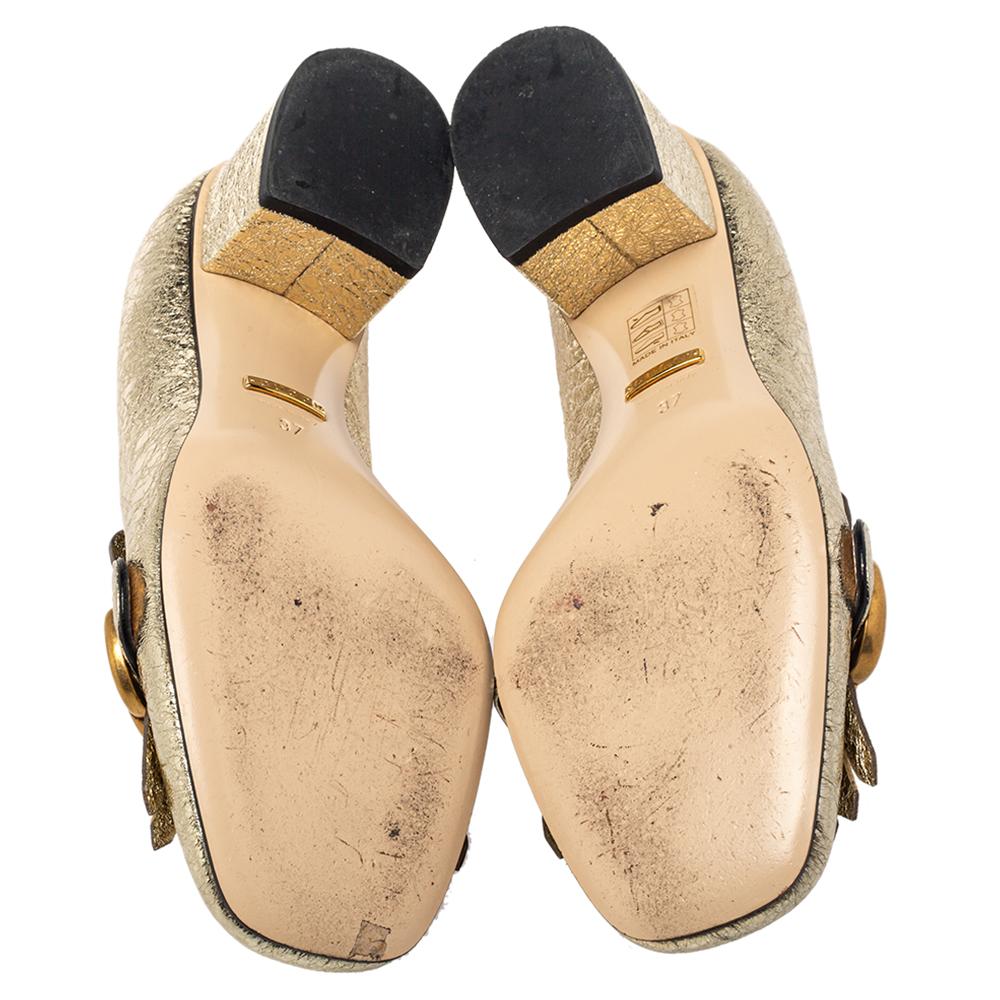 Gucci Metallic Gold Foil Leather GG Marmont Block Heel Pumps Size 37 1