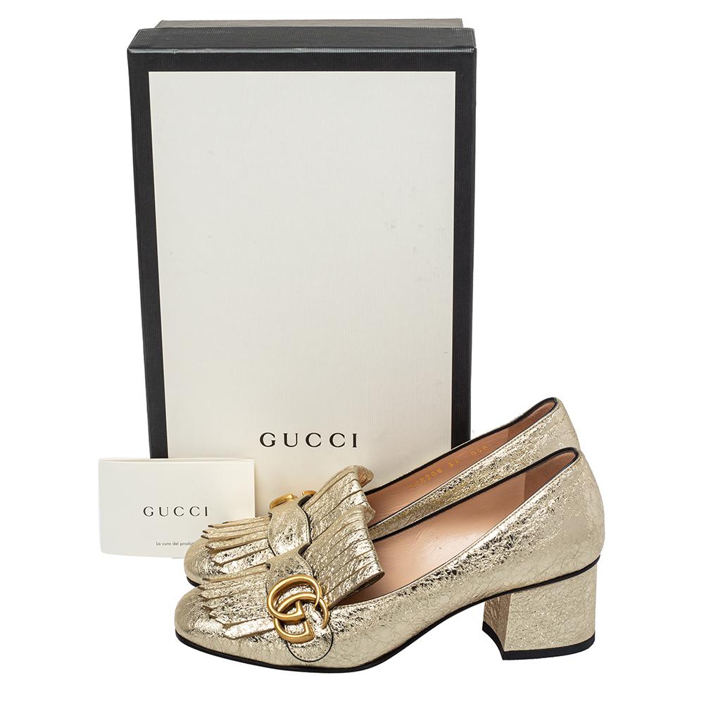 Gucci Metallic Gold Foil Leather GG Marmont Block Heel Pumps Size 37 2