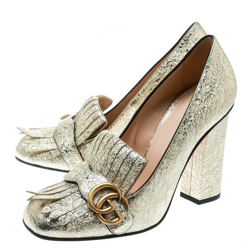 Gucci Metallic Gold Foil Leather GG Marmont Detail Block Heel Pumps Size  39.5 at 1stDibs