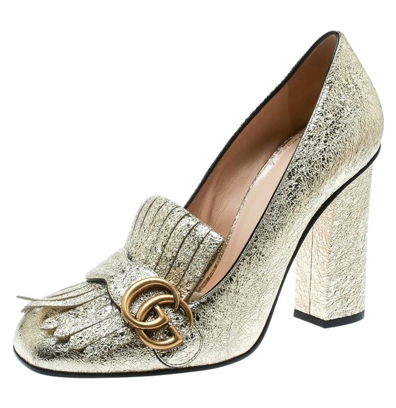 Gucci Metallic Gold Foil Leather GG Marmont  Detail Block Heel Pumps Size 39.5