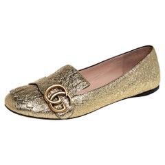 Gucci Metallic Gold Foil Leather GG Marmont Fringe Detail Flats Size 36