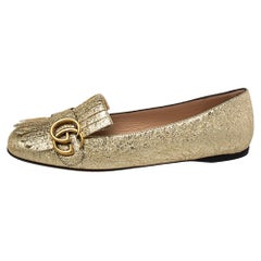 Gucci Metallic Gold Foil Leather GG Marmont Fringe Detail Flats Size 37