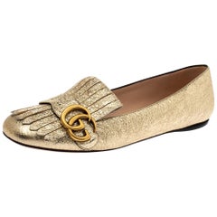 Gucci Metallic Gold Foil Leather GG Marmont Fringe Detail Flats Size 38.5