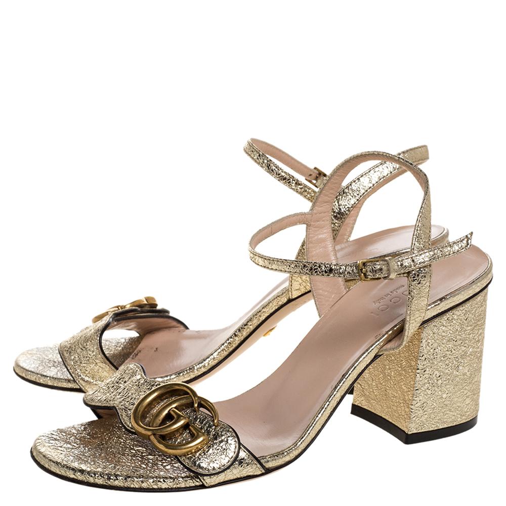 Gucci Metallic Gold Foil Leather Marmont Block Heel Ankle Strap Sandals  Size 36 at 1stDibs | gucci marmont sandals gold
