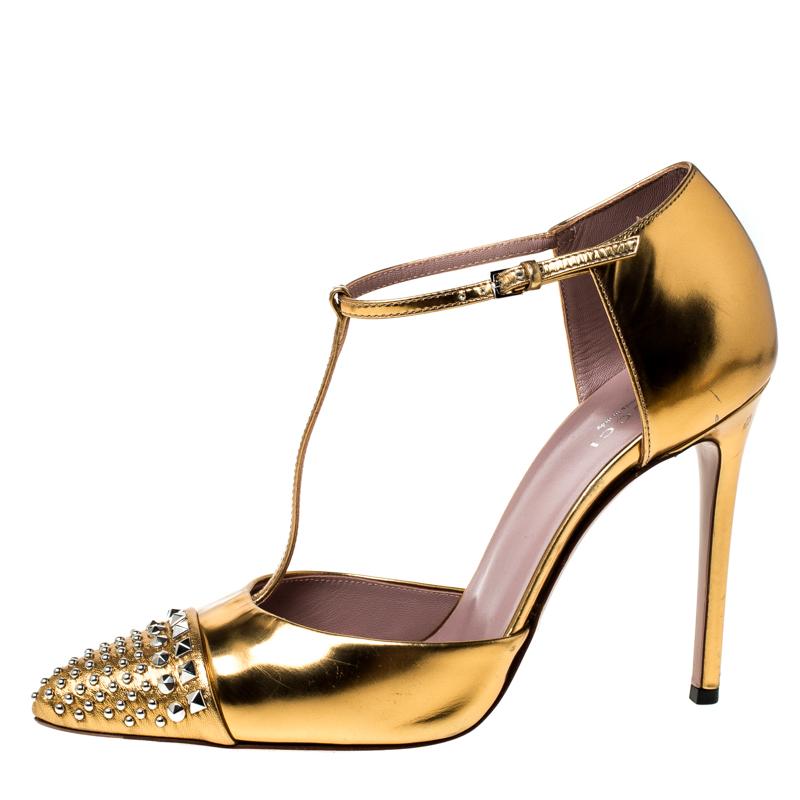 Women's Gucci Metallic Gold Foil Leather Studed T-Strap Pumps Size 39.5