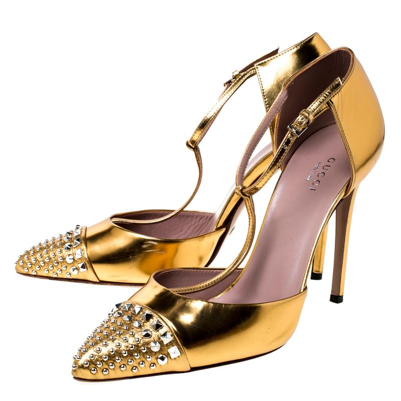 Gucci Metallic Gold Foil Leather Studed T-Strap Pumps Size 39.5 2