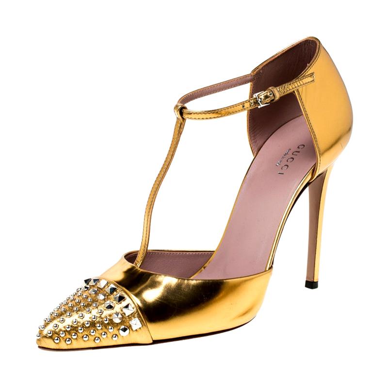 Gucci Metallic Gold Foil Leather Studed T-Strap Pumps Size 39.5