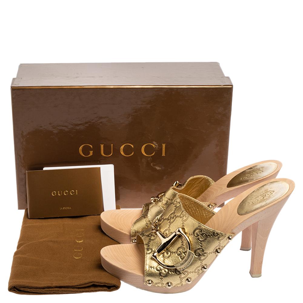Gucci Metallic Gold 'GG' Monogram 'Icon Bit' Wooden Clog Slides Size 39.5 2