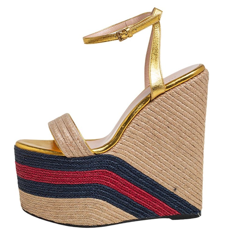 Gucci Metallic Gold Leather And Jute Web Strap Espadrille Wedge Sandals  Size 38