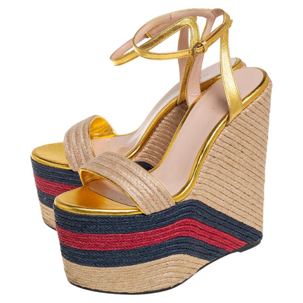 Gucci Metallic Gold Leather And Jute Web Strap Espadrille Wedge Sandals Size 38 1