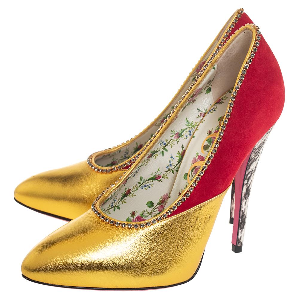 Women's Gucci Metallic Gold Leather And Red Suede Peachy Crystal Trim Pumps Size 37