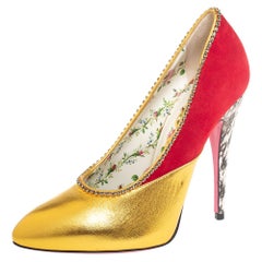Gucci Metallic Gold Leather And Red Suede Peachy Crystal Trim Pumps Size 37