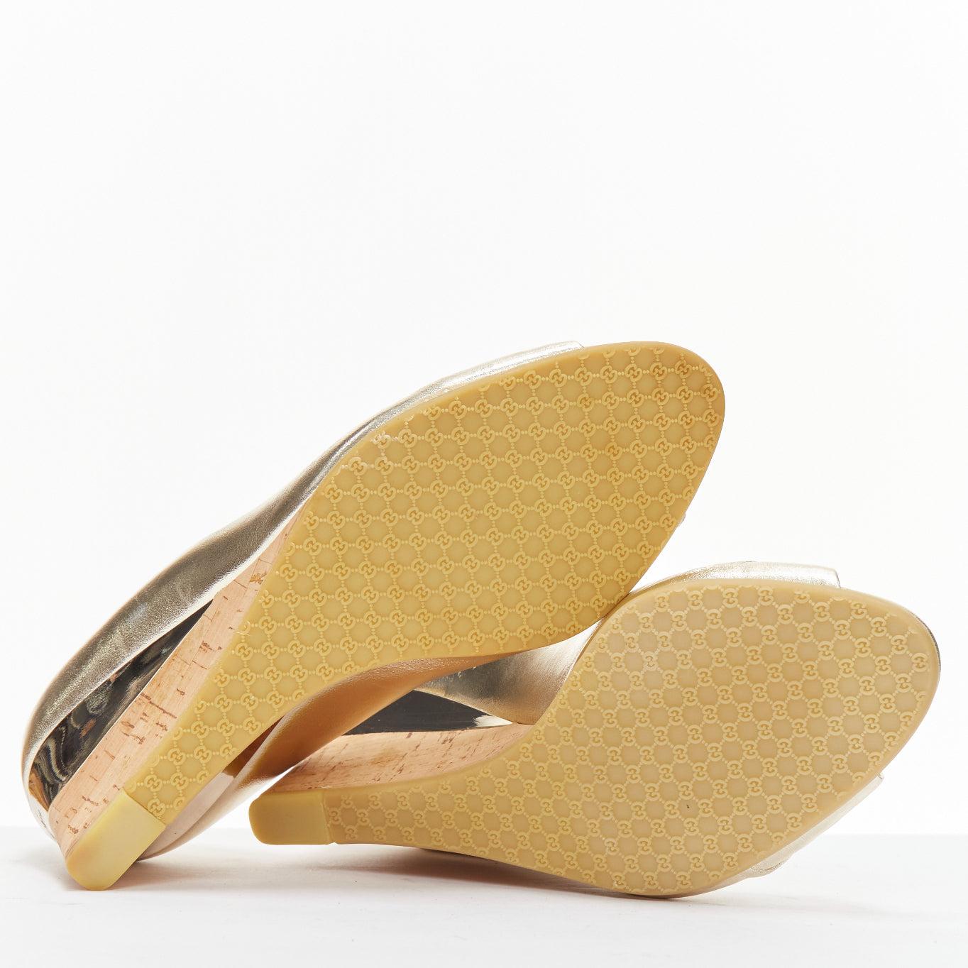 GUCCI metallic gold leather bow open toe cord metal wedge mid heel EU36.5 6