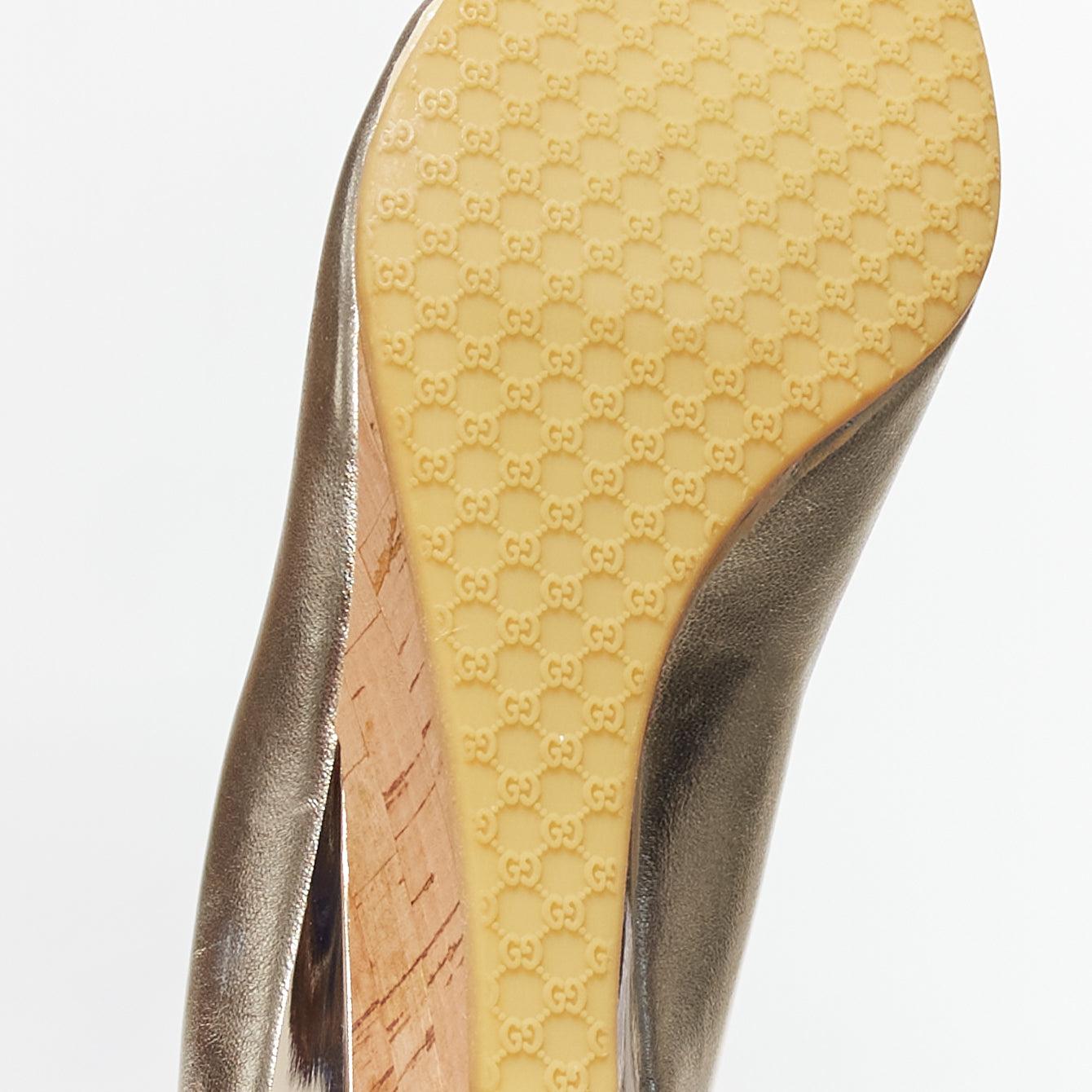 GUCCI metallic gold leather bow open toe cord metal wedge mid heel EU36.5 7
