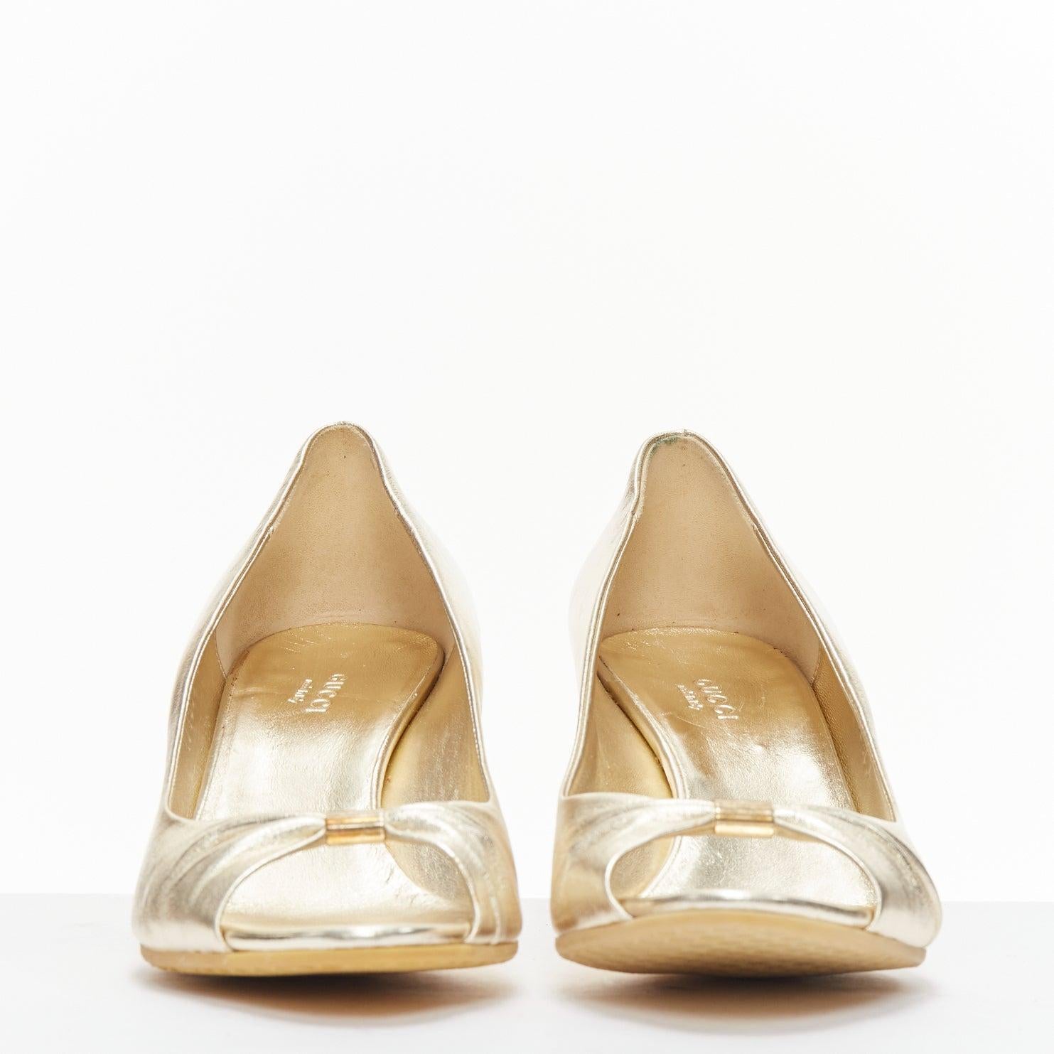 GUCCI metallic gold leather bow open toe cord metal wedge mid heel EU36.5 In Excellent Condition In Hong Kong, NT