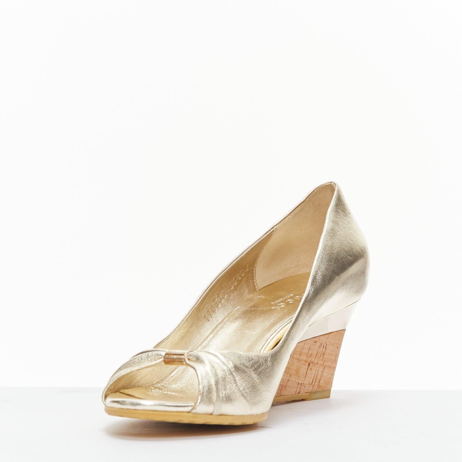 Women's GUCCI metallic gold leather bow open toe cord metal wedge mid heel EU36.5
