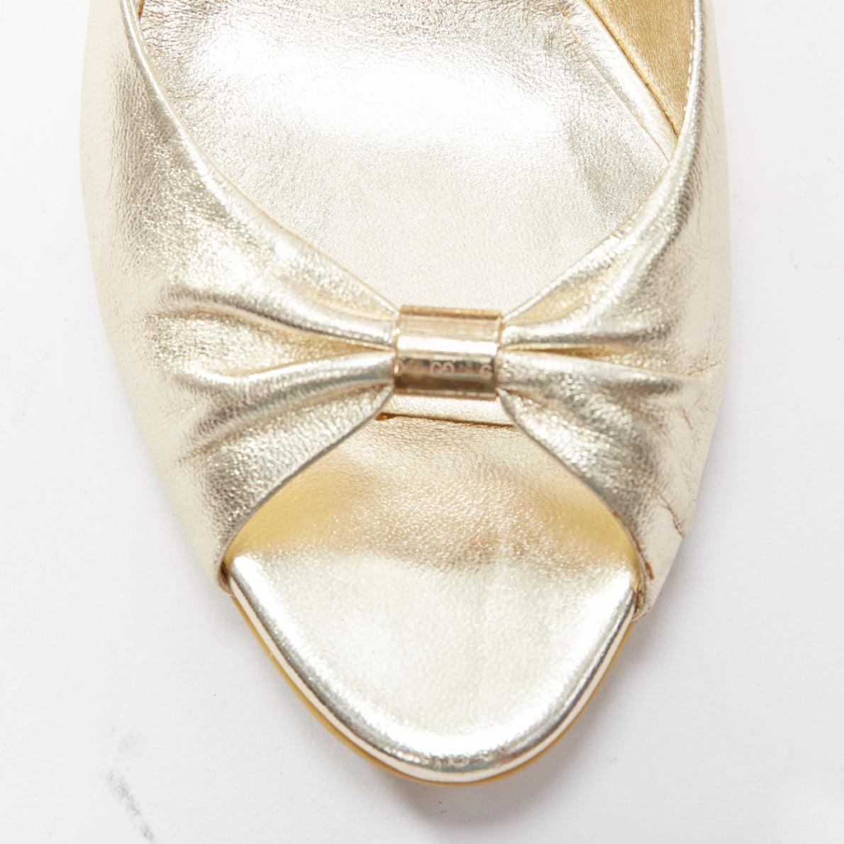 GUCCI metallic gold leather bow open toe cord metal wedge mid heel EU36.5 2
