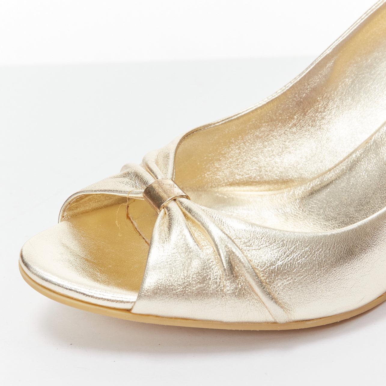 GUCCI metallic gold leather bow open toe cord metal wedge mid heel EU36.5 3