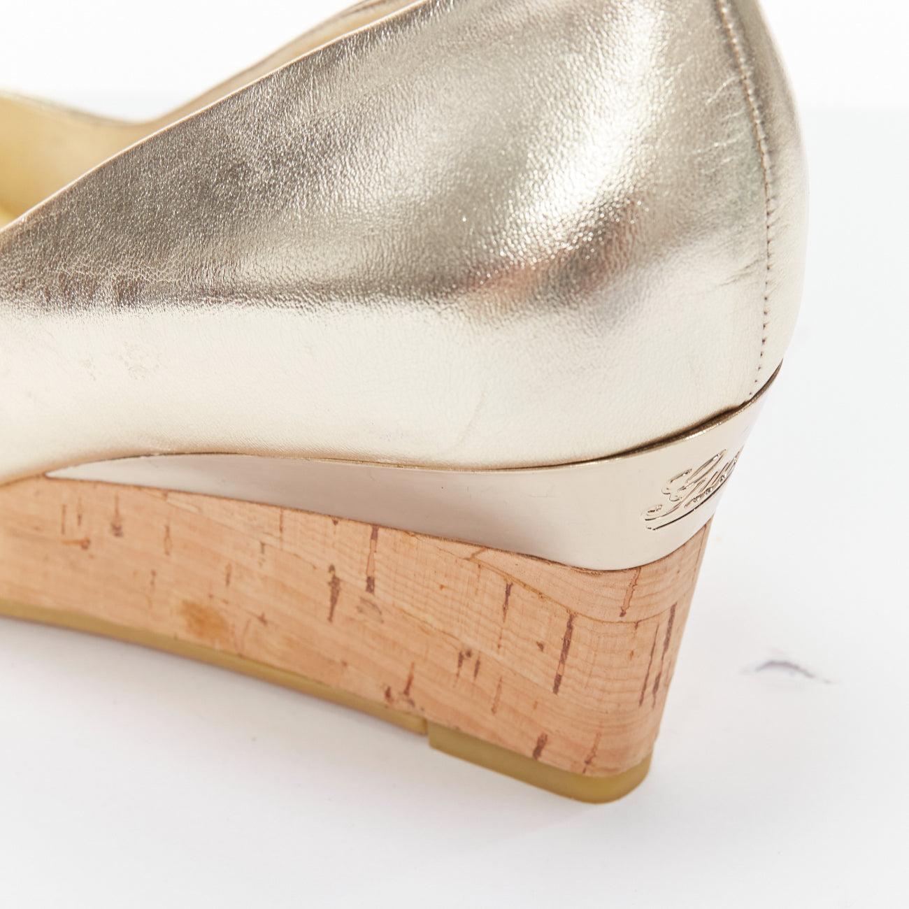 GUCCI metallic gold leather bow open toe cord metal wedge mid heel EU36.5 4