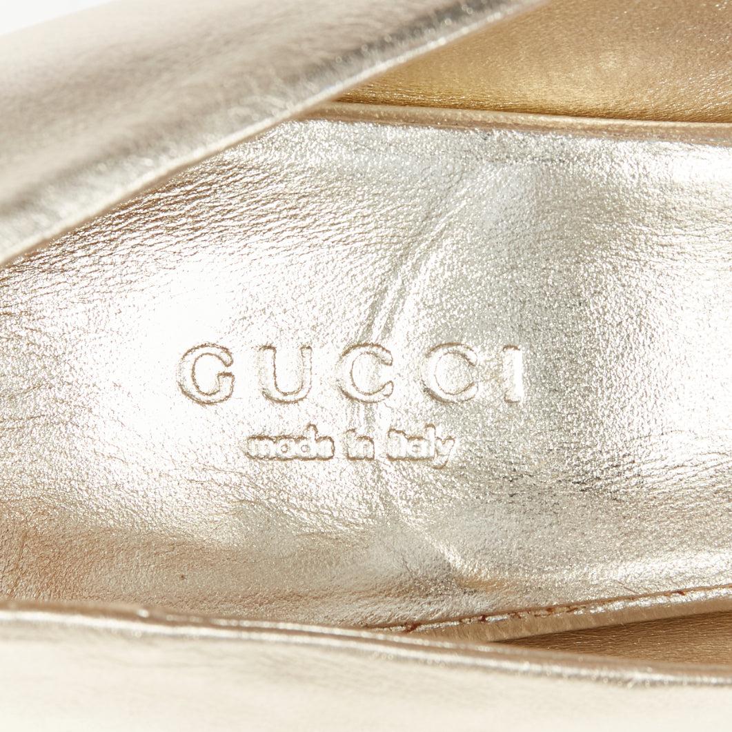 GUCCI metallic gold leather bow open toe cord metal wedge mid heel EU36.5 5