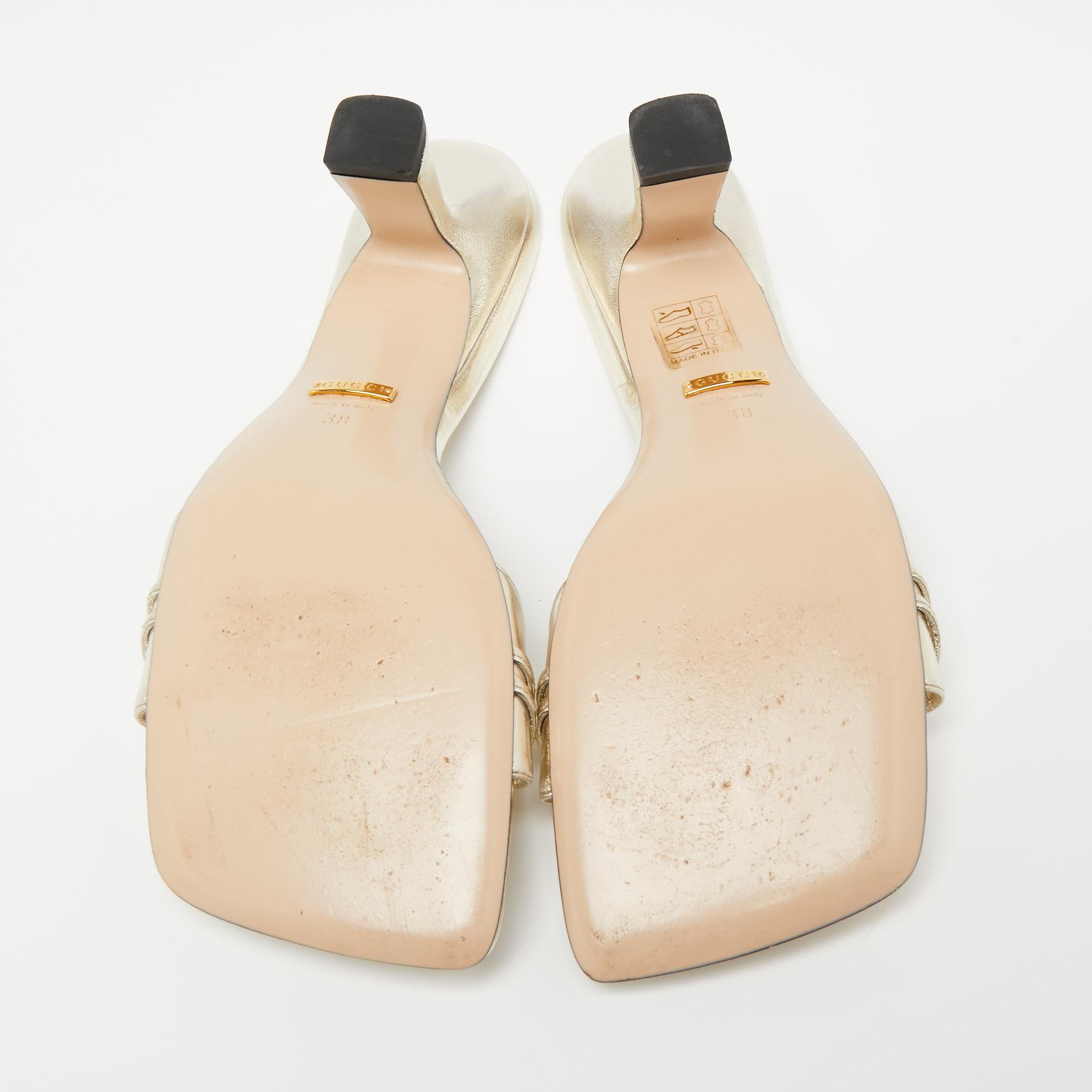 Gucci Metallic Gold Leather Dora Tiger Crystal Embellished Slide Sandals Size 38 1