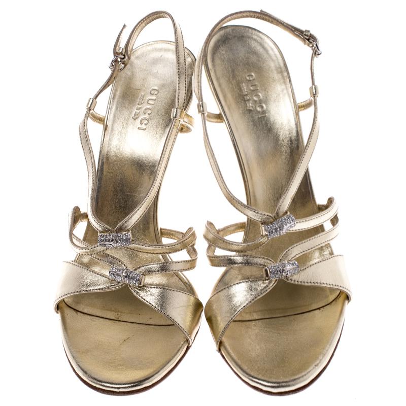 Gucci Metallic Gold Leather Embellished Ankle Strap Sandals Size 37 In Good Condition In Dubai, Al Qouz 2