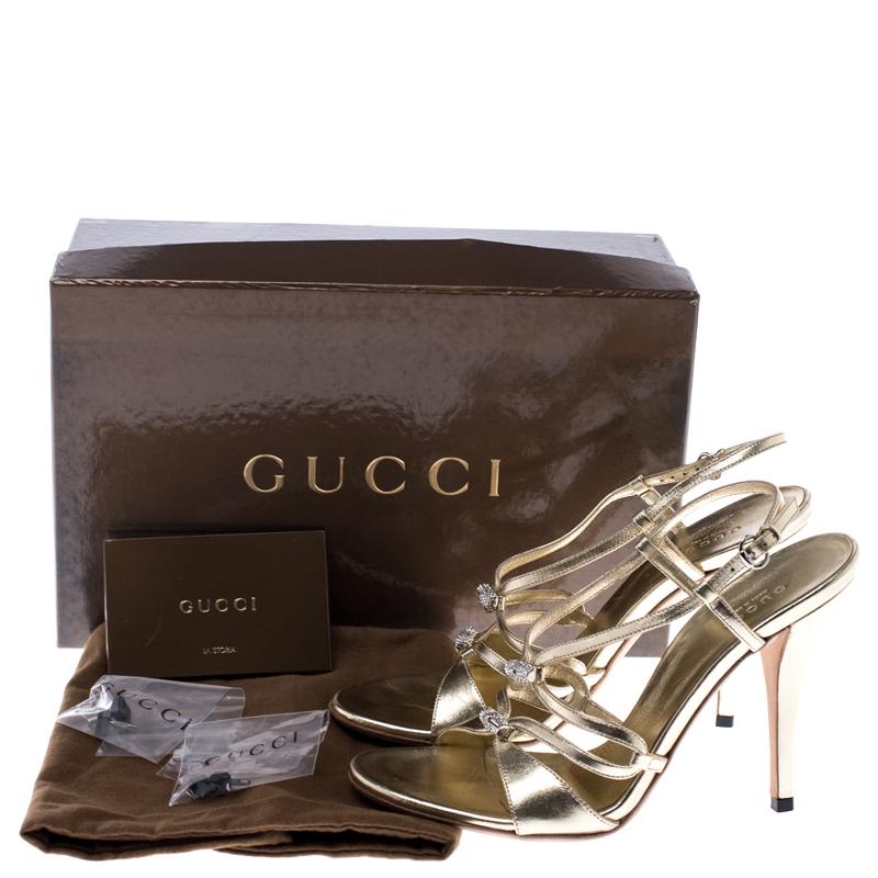Gucci Metallic Gold Leather Embellished Ankle Strap Sandals Size 37 3