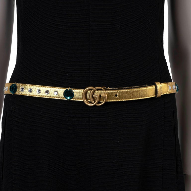 GUCCI metallic gold leather GG MARMONT CRYSTAL 24MM Belt 85  display picture 3
