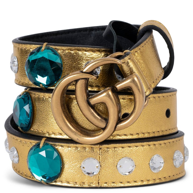 GUCCI metallic gold leather GG MARMONT CRYSTAL 24MM Belt 85 34 For  