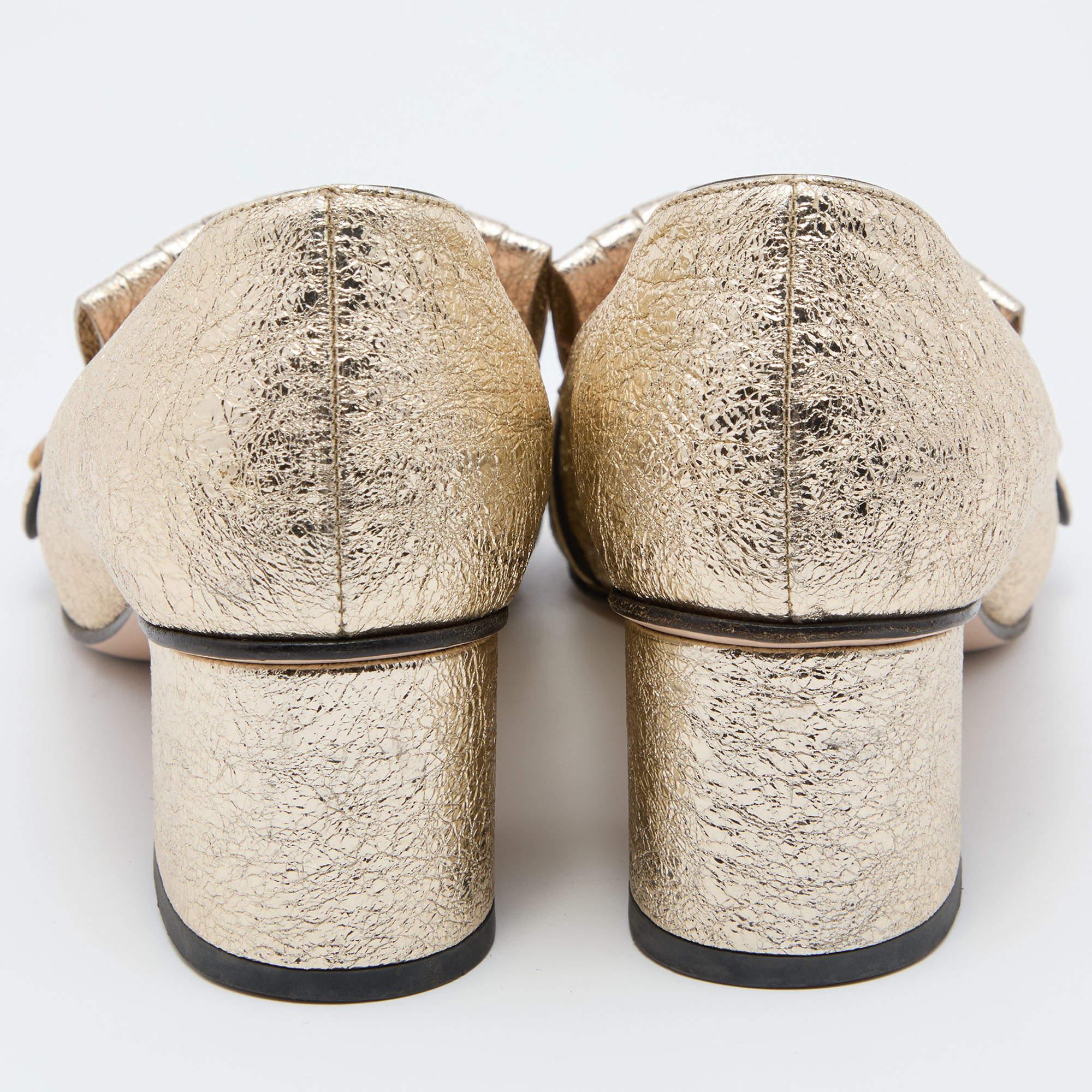 Gucci Metallic Gold Leather GG Marmont Fringe Detail Block Heel Pumps Size 37.5 In Good Condition In Dubai, Al Qouz 2