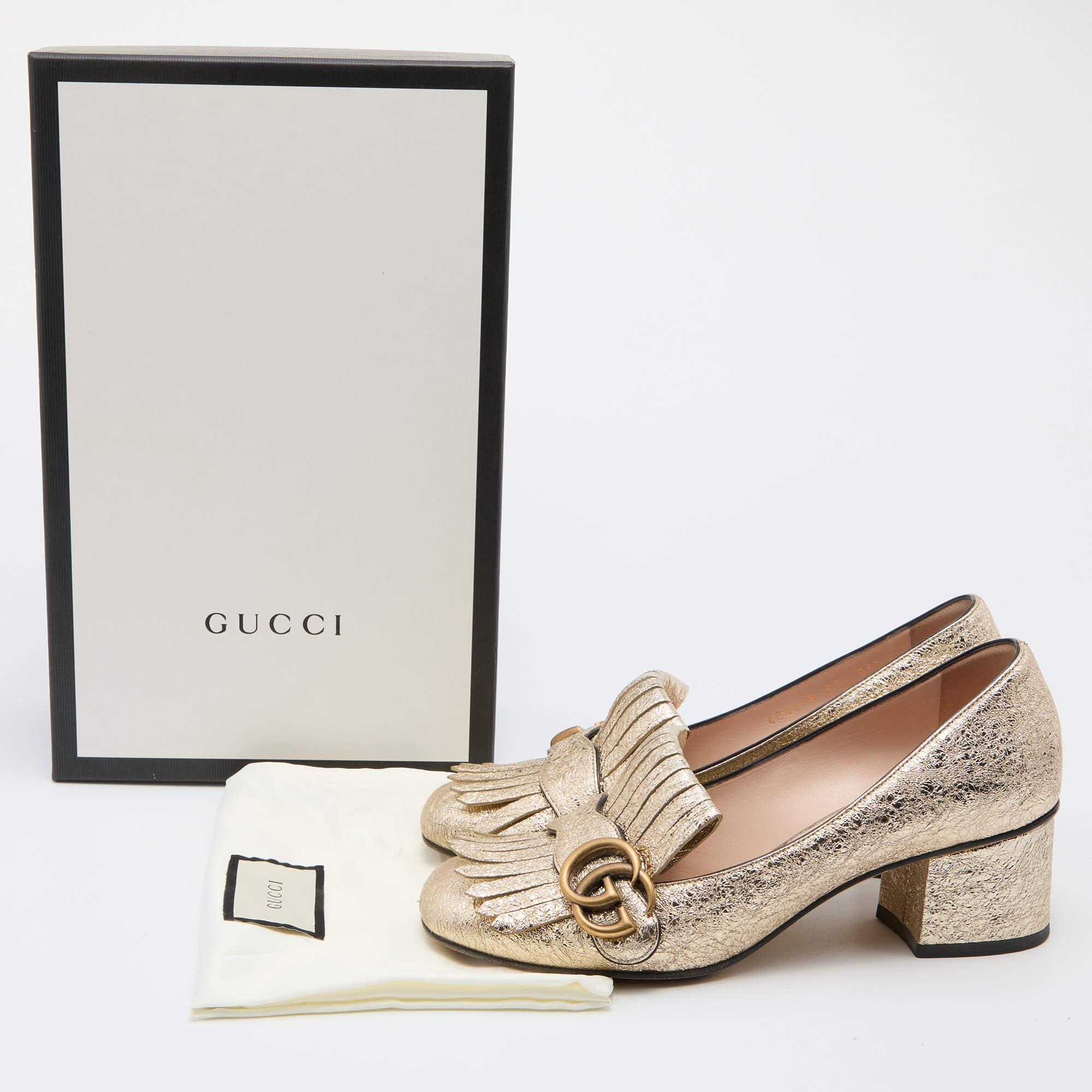 Gucci Metallic Gold Leather GG Marmont Fringe Detail Block Heel Pumps Size 37.5 4