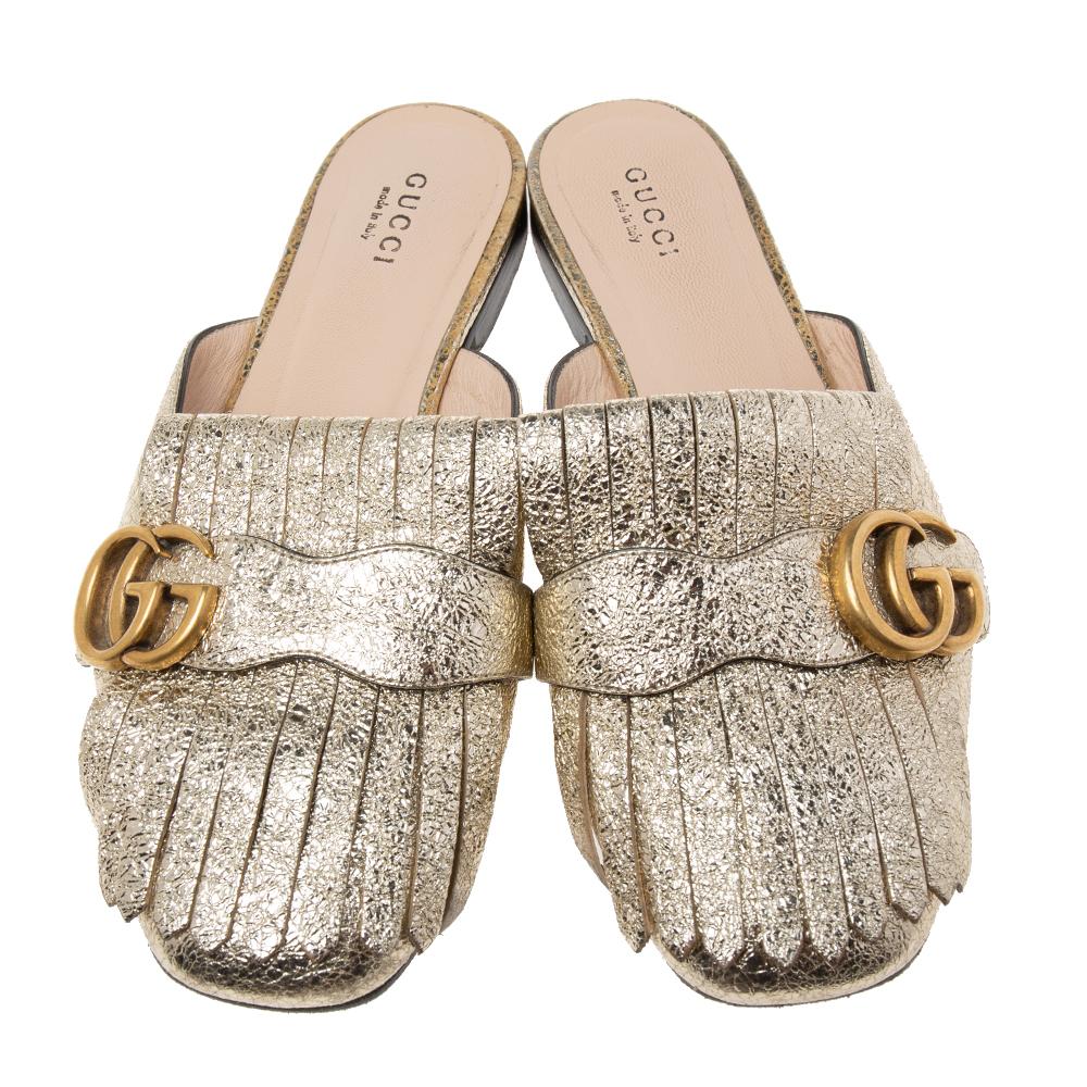 Women's Gucci Metallic Gold Leather GG Marmont Fringe Mule Sandals Size 36