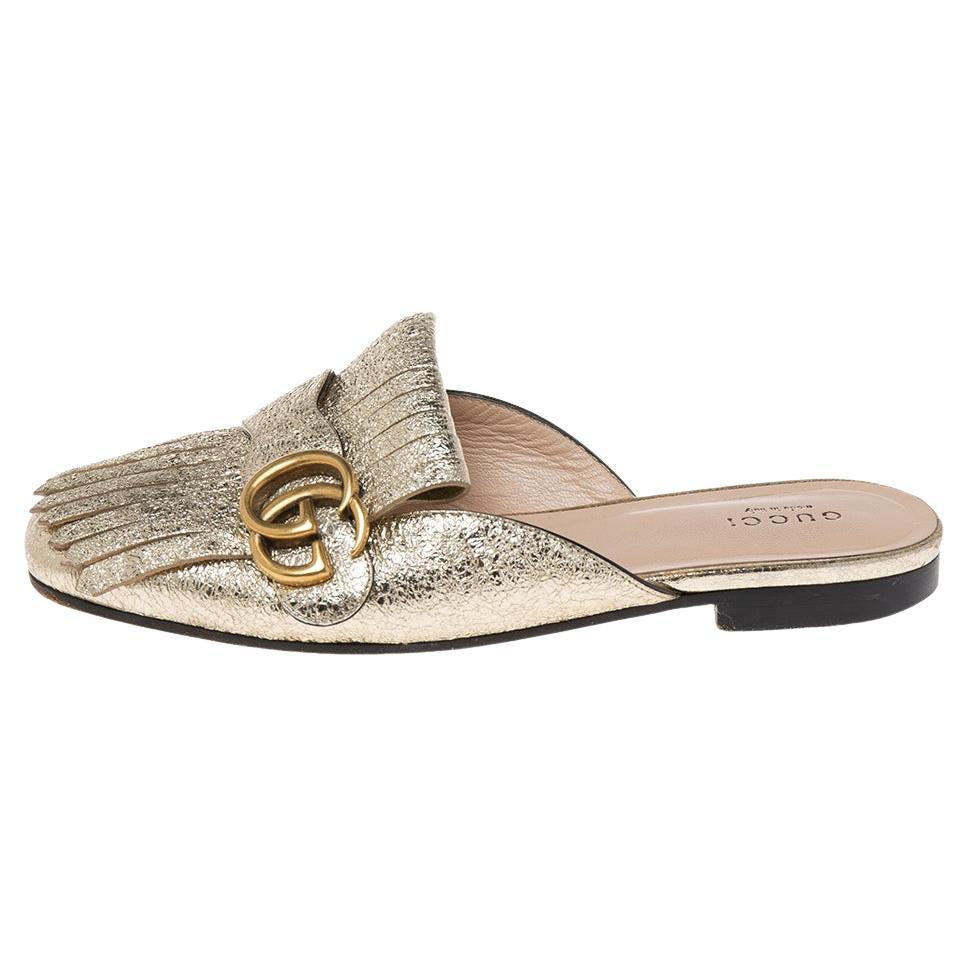 Gucci Metallic Gold Leather GG Marmont Fringe Mule Sandals Size 36