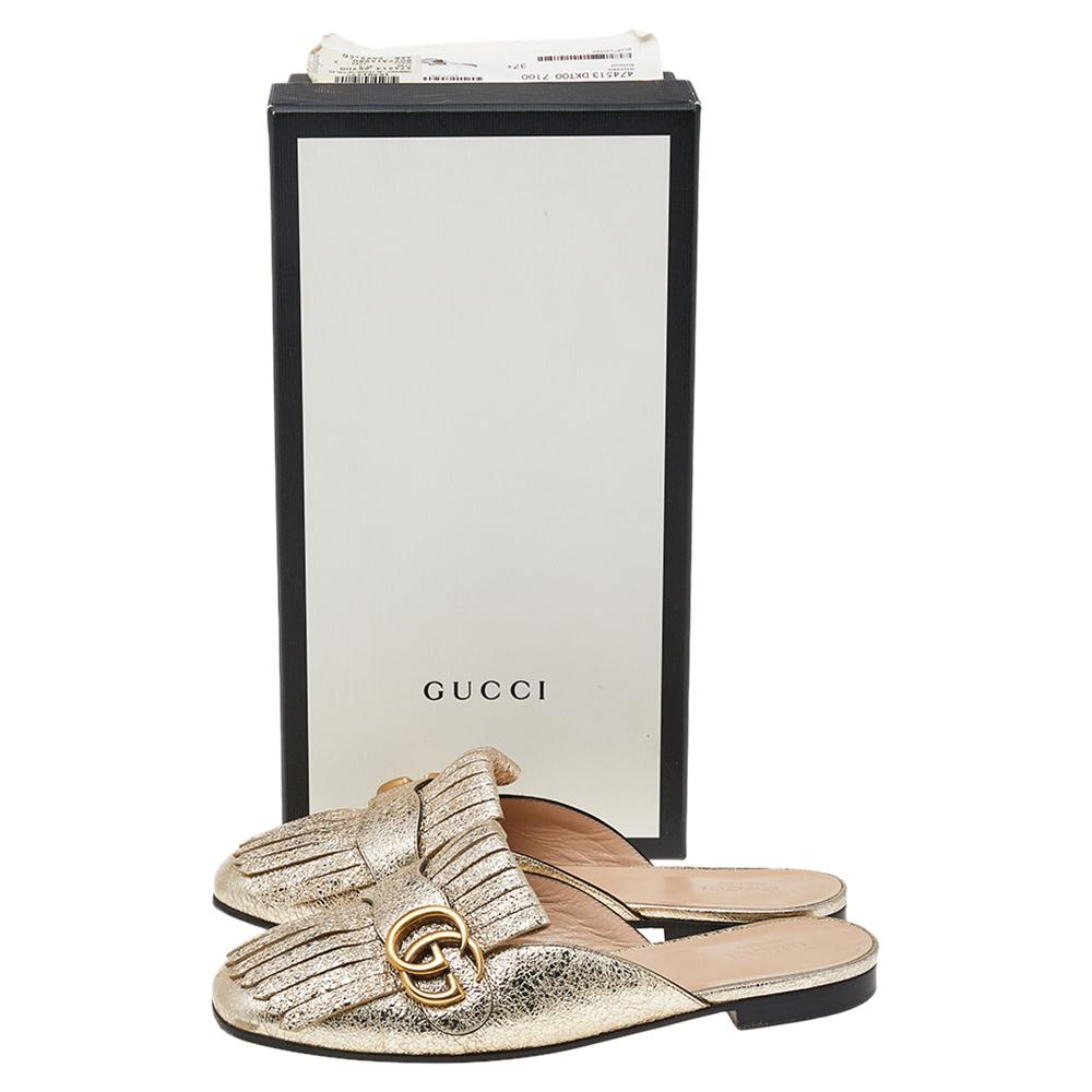 Gucci Metallic Gold Leather GG Marmont Fringe Mule Sandals Size 37.5 1