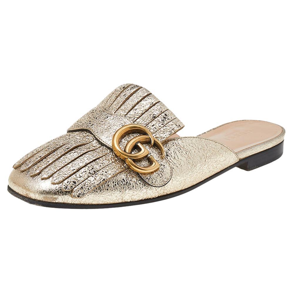 Gucci Metallic Gold Leather GG Marmont Fringe Mule Sandals Size 37.5