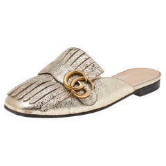 Gucci Metallic Gold Leather GG Marmont Fringe Mule Sandals Size 37.5