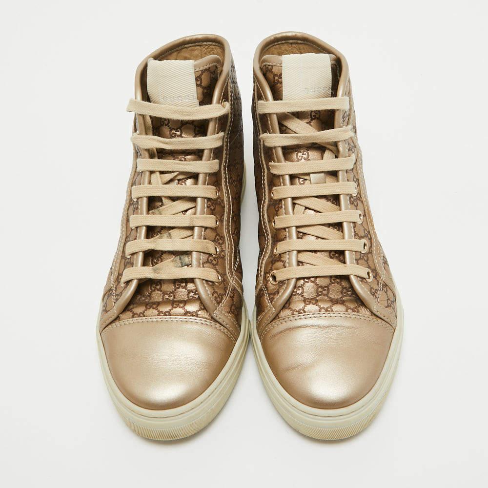 Brown Gucci Metallic Gold Leather Guccissima High Top Sneakers Size 37