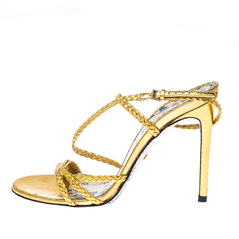 Gucci Metallic Gold Leather Haines Braided Slingback Sandals Size 37 1