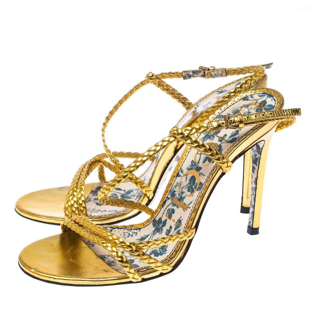 Gucci Metallic Gold Leather Haines Braided Slingback Sandals Size 37 3