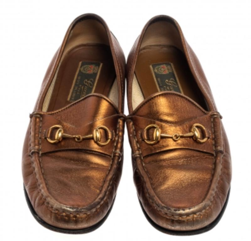 Brown Gucci Metallic Gold Leather Horsebit  Loafers Size 36 For Sale