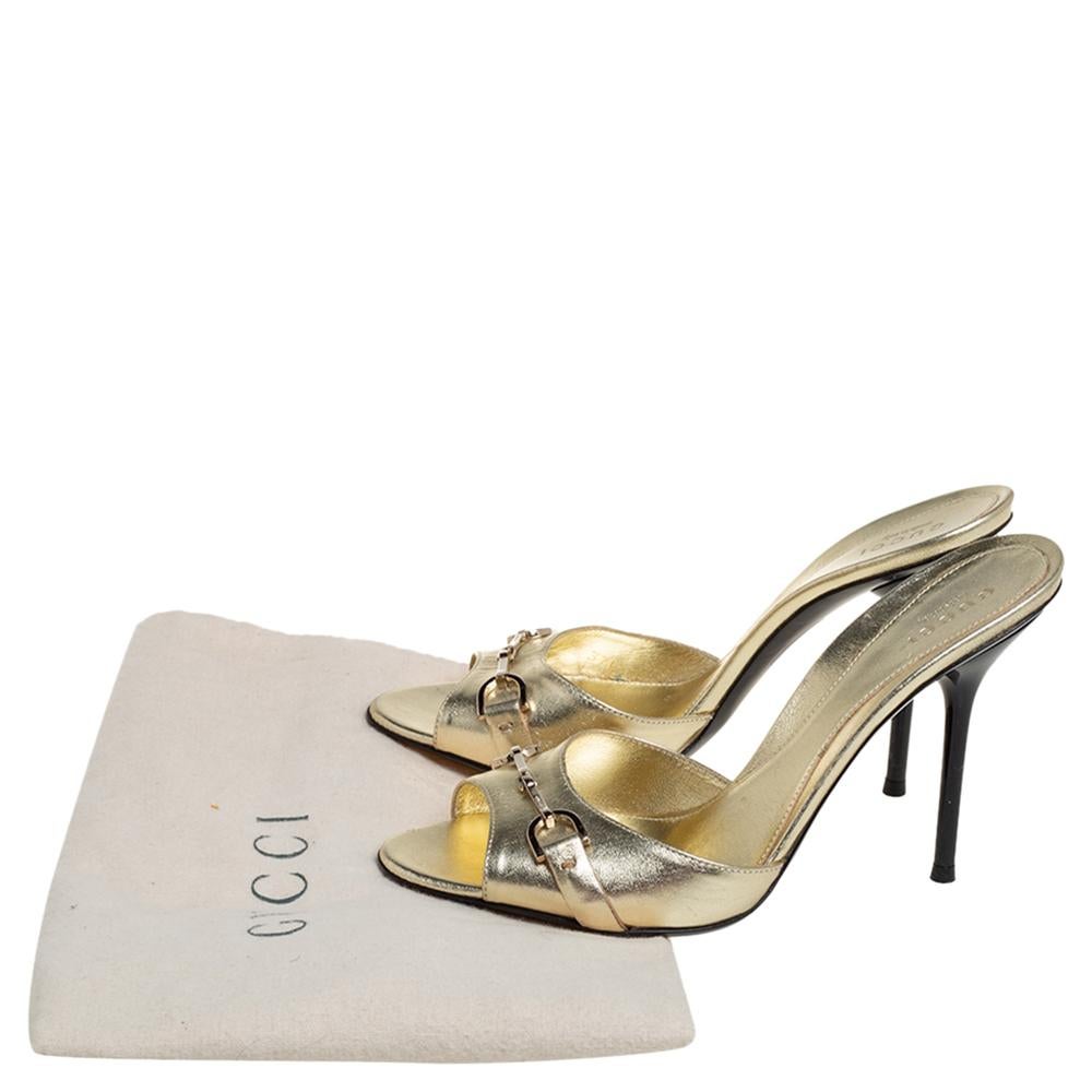 Gucci Metallic Gold Leather Horsebit Mules Sandals Size 37.5 1
