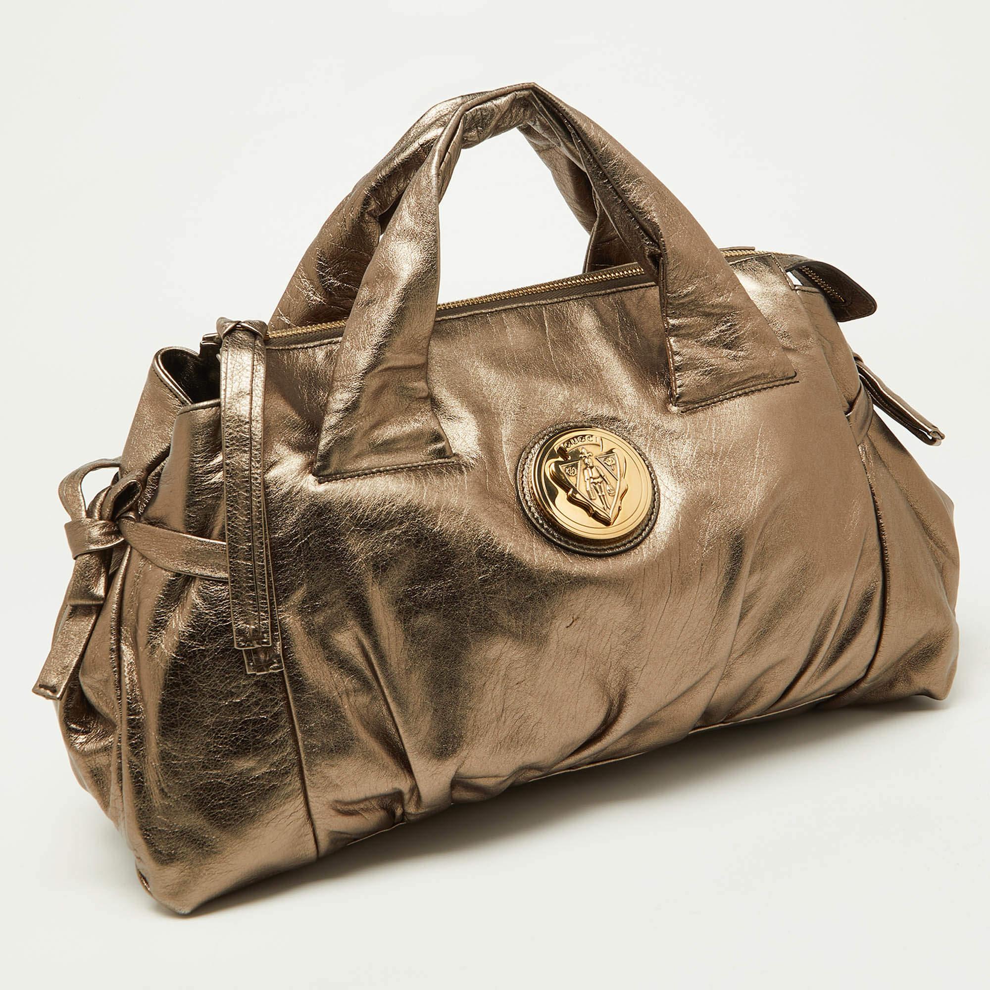 Brown Gucci Metallic Gold Leather Hysteria Tote